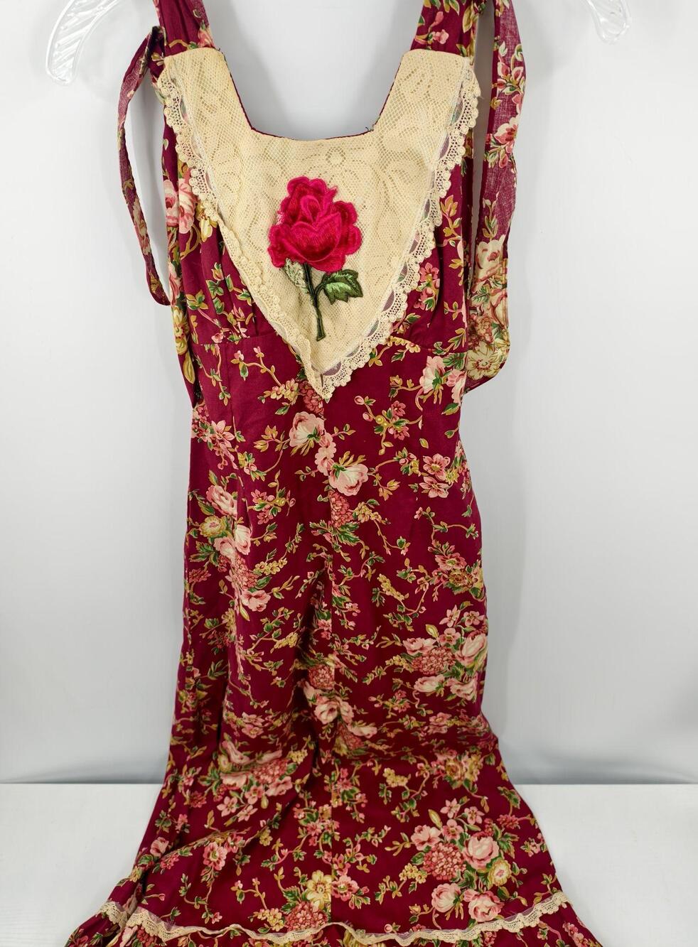 Vintage Malibu Media California Womens Red Maxi Floral Strappy Embroidered Dress